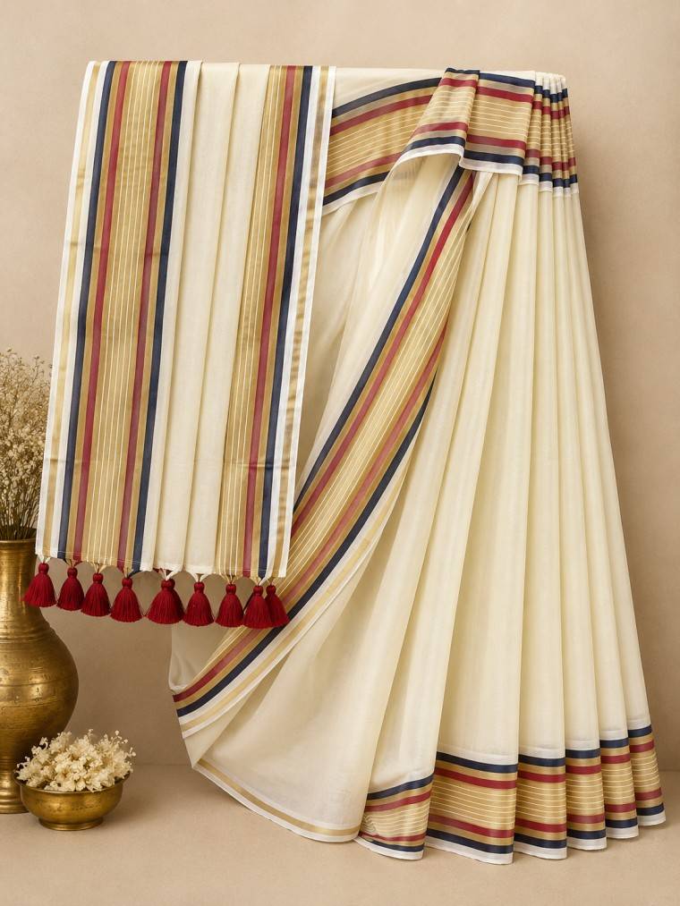 Mul Mul Cotton Kerala Saree with Multi-Color Striped Kasavu Border & Tassels